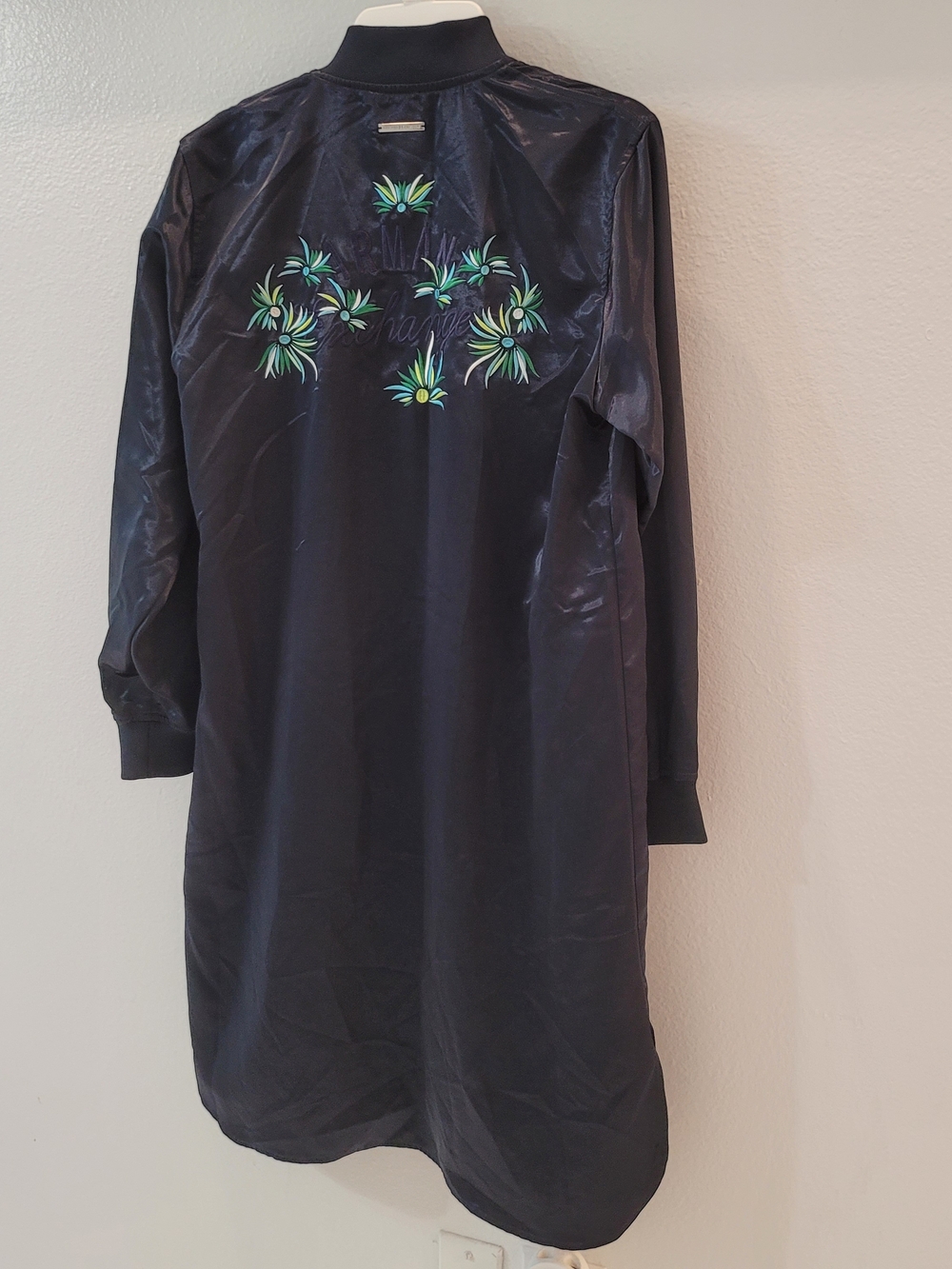 Armani Exchange Black Satin Floral-Embroidered Long Dress Xs Oversized - Picture 10 of 16